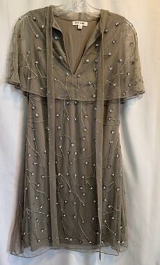 Frock and Frill Gray Sparkle Beaded V-Neck Overlay Dress